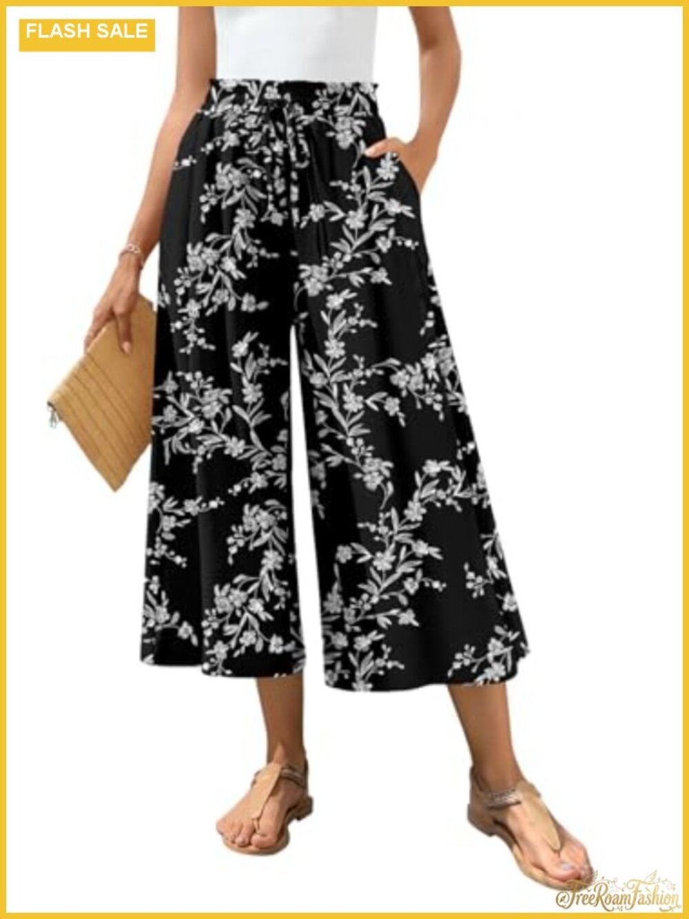 Wide Leg Gaucho Capri Pants Women Flowy High Waist
